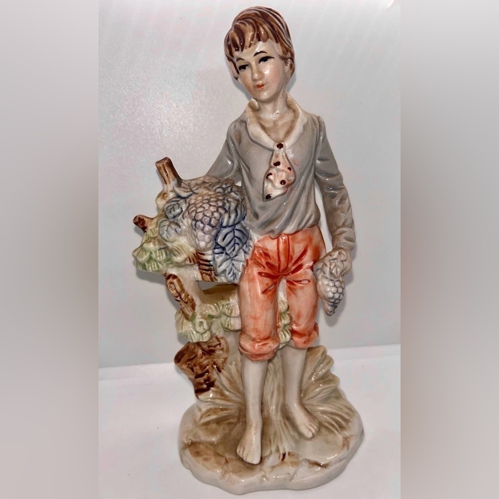 Vintage Artmark Japan Glazed Ceramic Boy Figurine With Grapes Vineyard 8” MCM